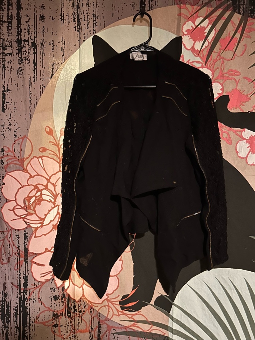 Women’s Black Draped Open-Front Blazer with Lace Sleeves